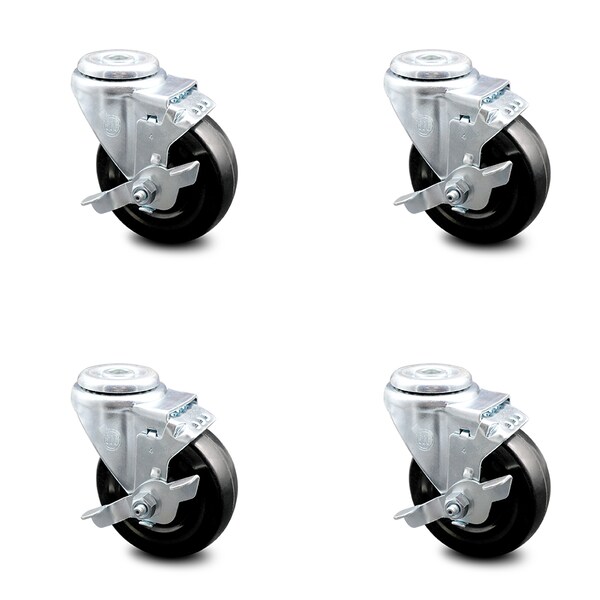 4 Inch Hard Rubber Wheel Swivel Bolt Hole Caster Set with Brake